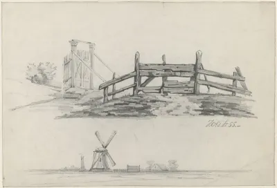 Studies van een hek, een poort en een landschap met windmolen