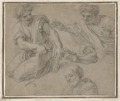 Studies van een knielende man, halffiguur, arm en buste