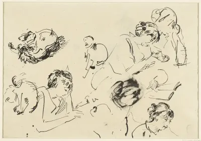 Studies van een lezende vrouw en spelende kat