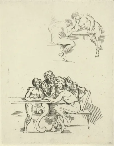 Studies van enkele naakten aan een tafel