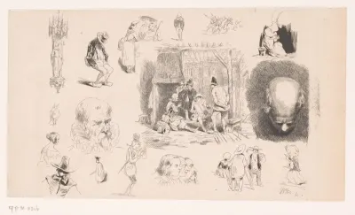 Studies van figuren, een Mariabeeld en een interieur