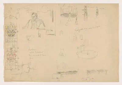 Studies van glas-in-lood en interieur voor het schilderij van de Nederlandse rechtbank in Londen, juni 1942.