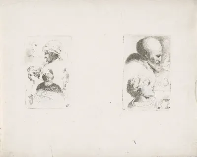 Studies van hoofden en twee staande figuren