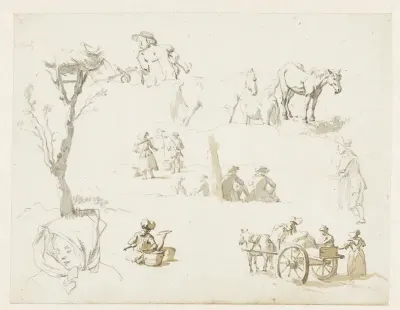 Studies van landlieden, paarden en een ooievaarsnest