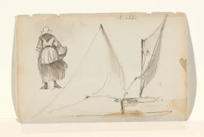 Studies van schepen en een vissersvrouw, op de rug gezien