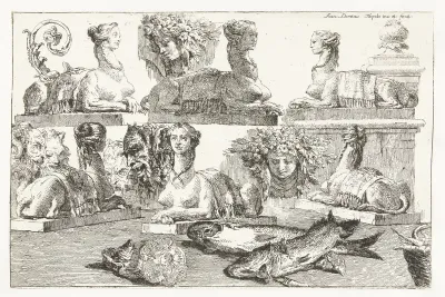 Studies van sfinxen en vissen en hoofden van saters en Flora