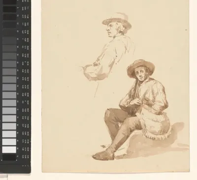 Studies van twee mannelijke figuren met hoed, waarvan één zittend met tas