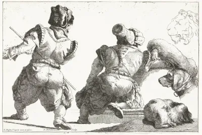 Studies van twee mensen, twee honden en een kop van een leeuw
