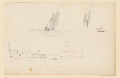 Studies van zeilschepen en een roeiboot