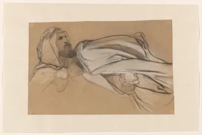 Studies voor de Prediking van Johannes de Doper in de woestijn: mannenkop en draperiestudie van een zittende figuur