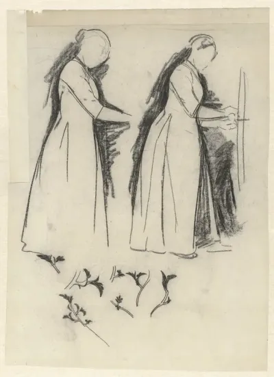 Studies voor kalender van 1901: tuinierende vrouw en studies van bladeren