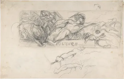 Study for an allegorical figure of Justice in the ceiling decoration of the Salon du Roi, Palais Bourbon (recto); studies of allegorical figures, and architectural sketches (verso)