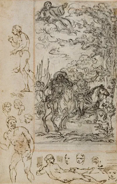 Study for Vignette in Voltaire's "La Pucelle d'Orleans", with Sketches of Heads and Nude Figures
