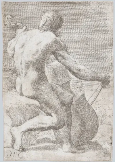 Study from behind of a naked man playing a cello, from "Principios para estudiar el Nobilísimo y Real arte de la Pintura"