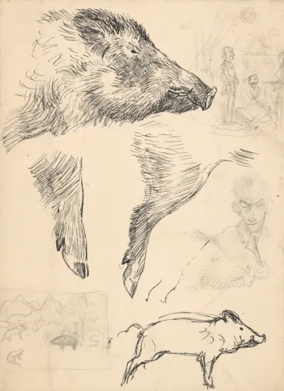 Study of a Boar and Figural Sketches