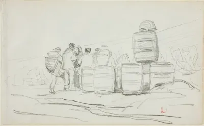 Study of a Group of People with Barrels (recto); Two Studies of a woman Gleaning (verso)
