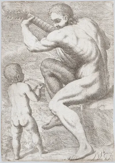 Study of a naked man playing a vihuela, a child holding a sheet of music at the left, from "Principios para estudiar el Nobilísimo y Real arte de la Pintura"