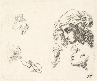 Study of heads in profile view, a woman with headcloth and bearded man whose heads overlap above, two facing profiles below