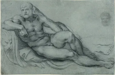 Study of Hercules Resting, with Separate Studies of His Head and Foot (recto); Rectangular grid design (verso)