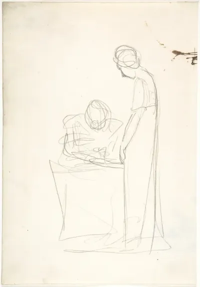Study of two figures: one seated, the other standing (recto). Study of a head looking upwards (verso)