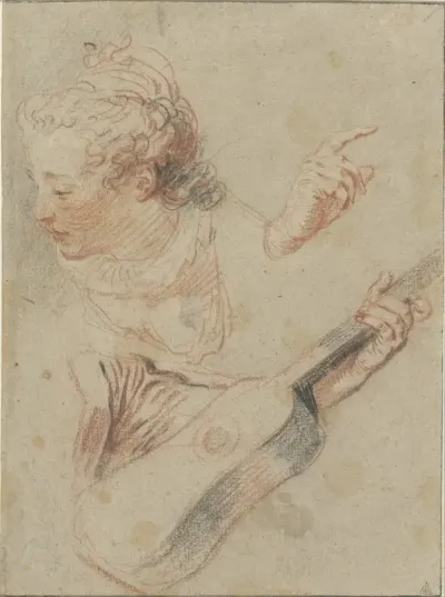 Study Sheet with a Girl’s Head, a Hand, and an Arm Holding a Guitar