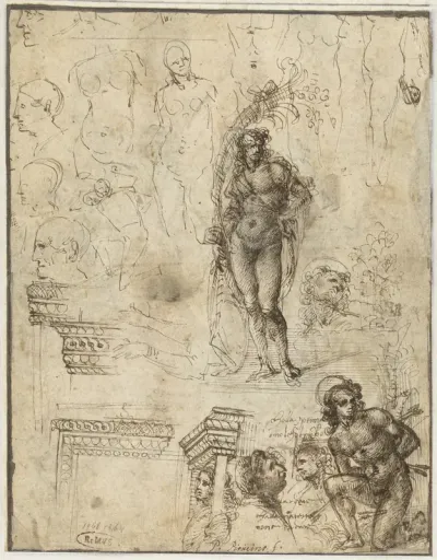 Study Sheet with Heads, Figures and Architectural Fragments