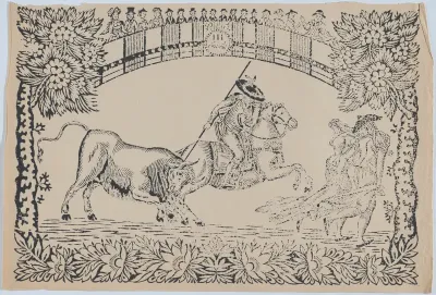 Suerte III: Picador stabbing a bull; two toreros running to right