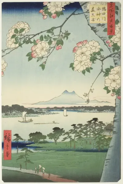 Suijin Shrine and Massaki on the Sumida River (Sumidagawa Suijin no mori Massaki), from the series "One Hundred Famous Views of Edo (Meisho Edo hyakkei)"