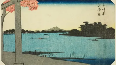 Suijin Woods and the Shrine at Massaki (Suijin no mori, Massaki yashiro), section of a sheet from the series "Cutout Pictures of Famous Places in Edo (Edo meisho harimaze zue)"