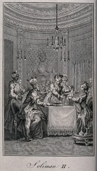 Süleyman II, seated at table on the left, is asked by Roxalana to give her his handkerchief; he does so, but she immediately gives it to Delia