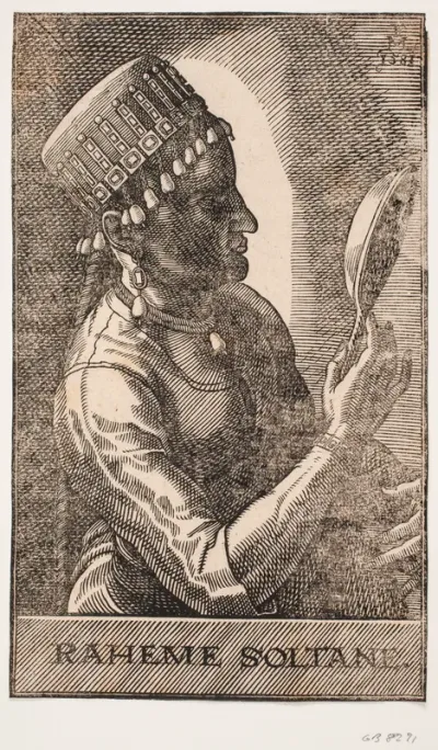 Sultanindeportræt, spejlende, profil mod h.: RAHEME SOLTANE.