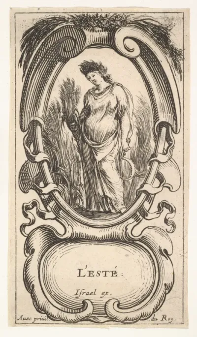 Summer, a woman, crowned with corn, standing in a cornfield with corn in her right hand and a scythe in her left hand, within a cartouche topped with corn, from "The Four Seasons" (Les Quatre Saisons)