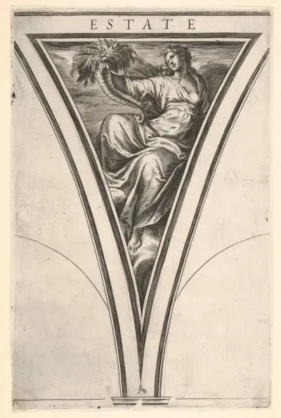 Summer (Estate), represented as a robed woman bearing a horn of plenty, a spandrel-shaped composition from "The Four Seasons"