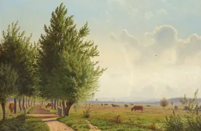 Summer landscape with cows grazing and an avenue.