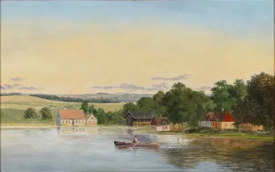 Summer landscape with houses on the lakefront. In the foreground a man rowing a boat