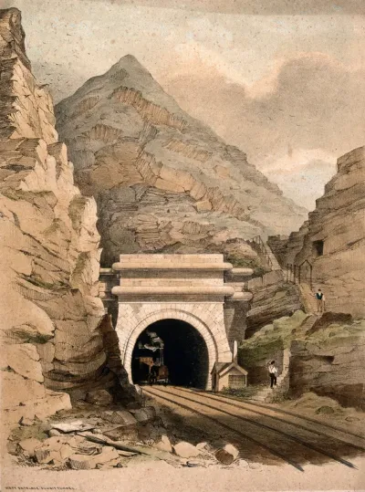 Summit Tunnel, Manchester and Leeds Railway: a locomotive emerging