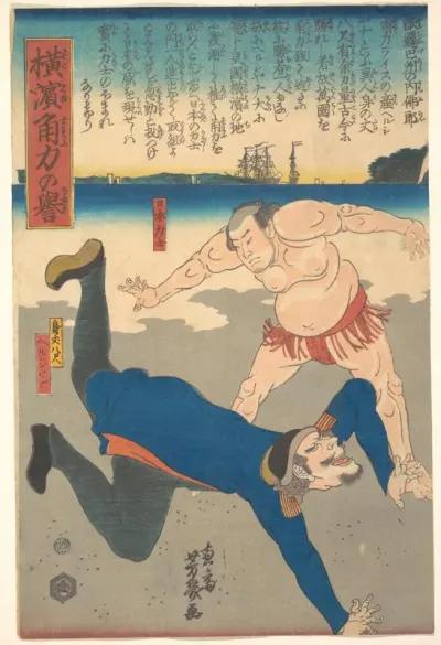 Sumo Wrestler Tossing a Foreigner — Utagawa Yoshiiku Kanvas Tablo