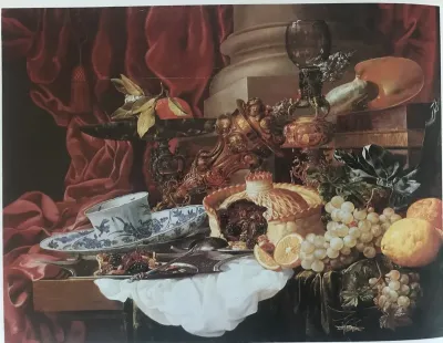 Sumptuous Still Life with Fruit and Pie, Tea Cup, Silvergilt Goblet holder, Covered Beaker, and Nautilus Shell