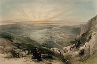 Sun setting over landscape with Cana in the distance, Israel