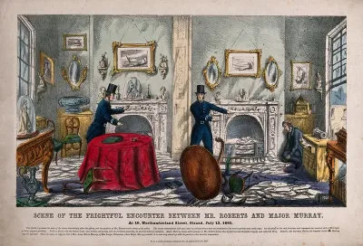 Superintendent Durkin and Inspector Mackenzie enter the rooms of Mr Roberts in London and find him severely wounded after an encounter with Major Murray