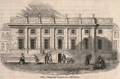 Surgeons' Hall, Old Bailey, London, the facade, with various people in the street