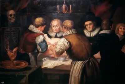 Surgeons performing an operation on a woman's breast in the seventeenth century