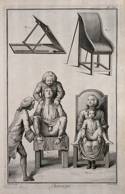 Surgery: above, a chair-bedstead and a patient-dossier; below, a man and a child seated on the chair-bedstead