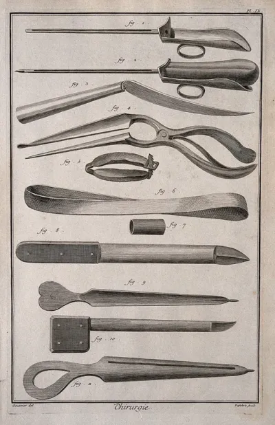 Surgery: an assortment of surgical instruments, including a cannula, instruments for the surgical removal of stones from the urinary tract (lithotomy) and a conductor