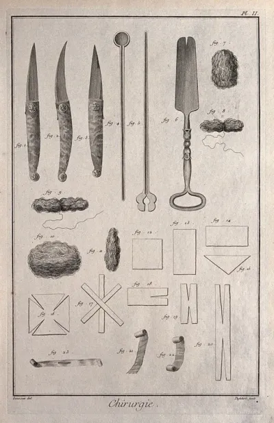 Surgery: an assortment of surgical instruments, including a catheter, a probe and a spatula