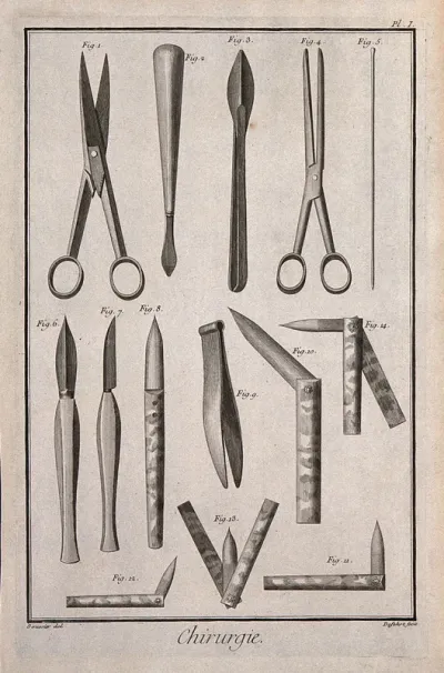 Surgery: an assortment of surgical instruments, including a chisel, a spatula, tweezers and scalpels