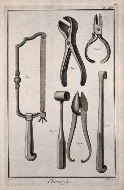 Surgery: surgical instruments for the amputation of limbs, including an amputation saw, bone nippers and cartilege forceps