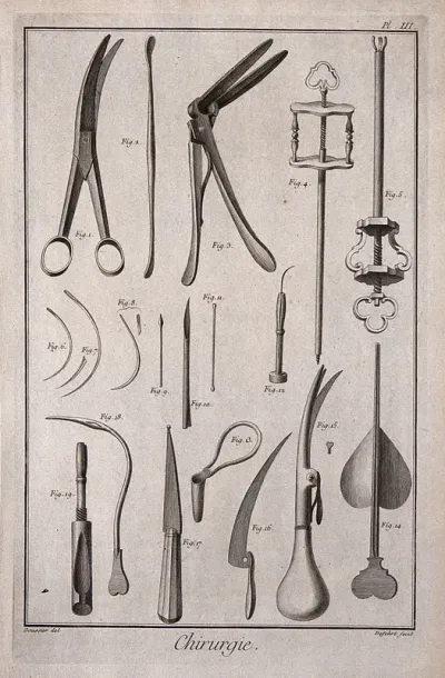 Surgery: surgical instruments, including a catheter, a curved chisel, a curette, needles and a bistoury