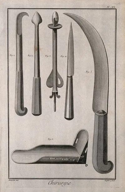 Surgery: surgical instruments, including instruments to extract the head of a dead foetus and knives
