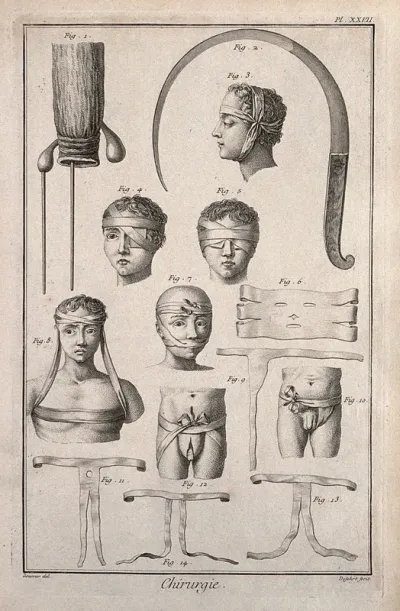 Surgery: top, a rectum with a fistula; below, a number of bandages